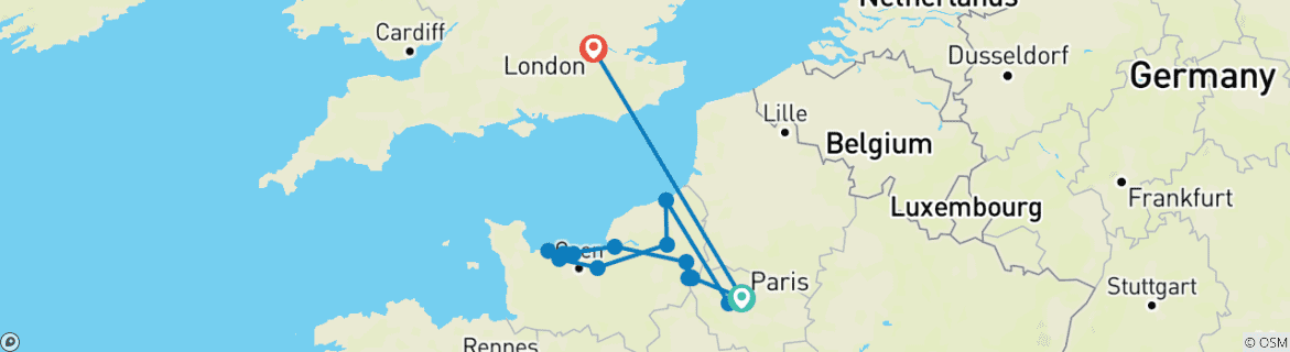 Map of Paris to Normandy WWII Remembrance & History Cruise with 3 Nights in London