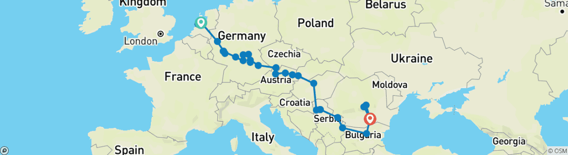 Karte von Ikonische Flüsse Europas der Rhein, der Main und die Donau mit Bukarest und Transsylvanien