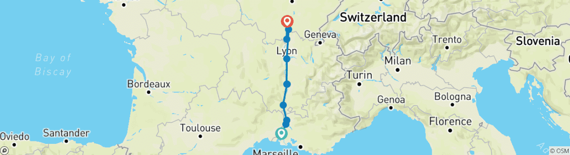 Image of a map showing the route of the tour