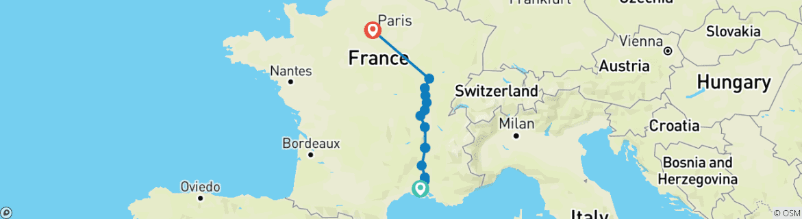 Image of a map showing the route of the tour