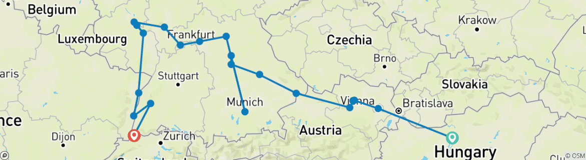 Karte von Verzaubertes Europa für Bierliebhaber mit Budapest (westwärts)