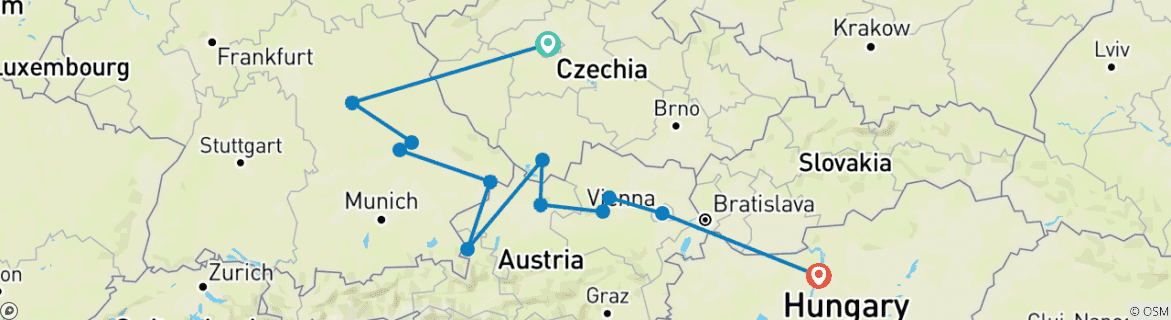 Image of a map showing the route of the tour
