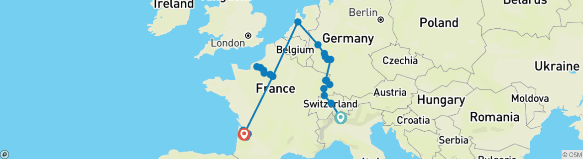 Mapa de Viñedos, Castillos y Burdeos con los Alpes Suizos, 3 Noches en el Lago Como y 1 Noche en Lucerna