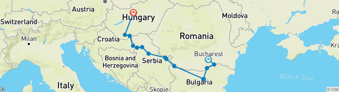 Map of The Danube from Romania to Budapest with 1 Night in Bucharest