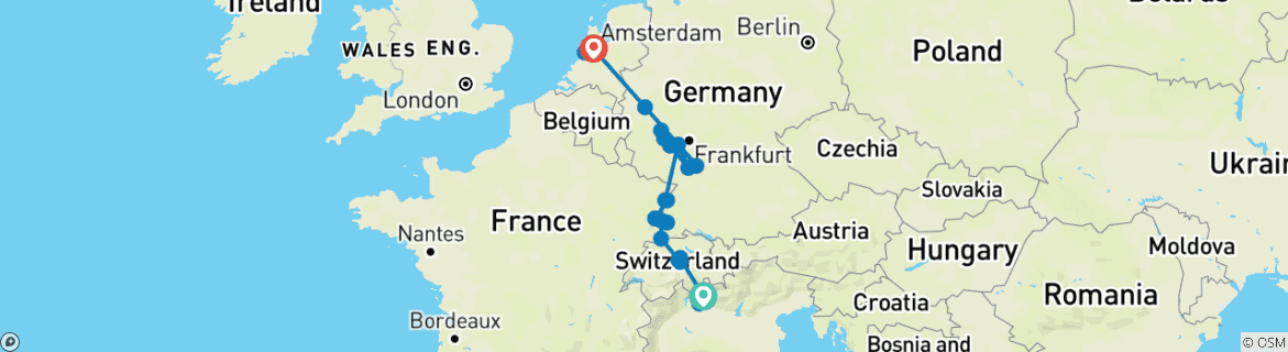 Image of a map showing the route of the tour