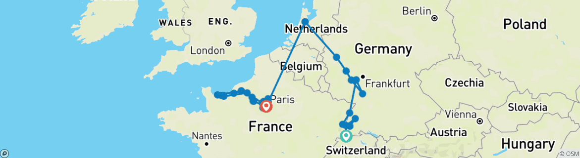 Image of a map showing the route of the tour