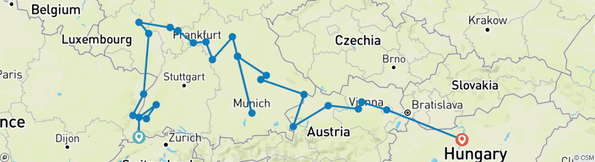 Image of a map showing the route of the tour