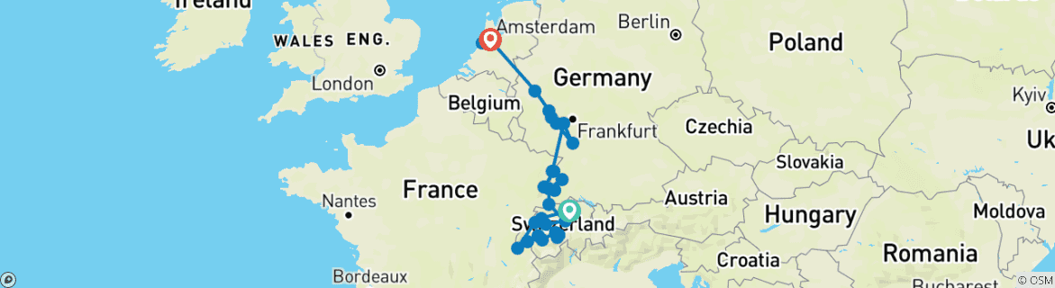 Image of a map showing the route of the tour