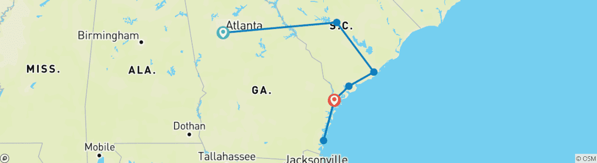 Map of Southern Charms (from Atlanta to Savannah)