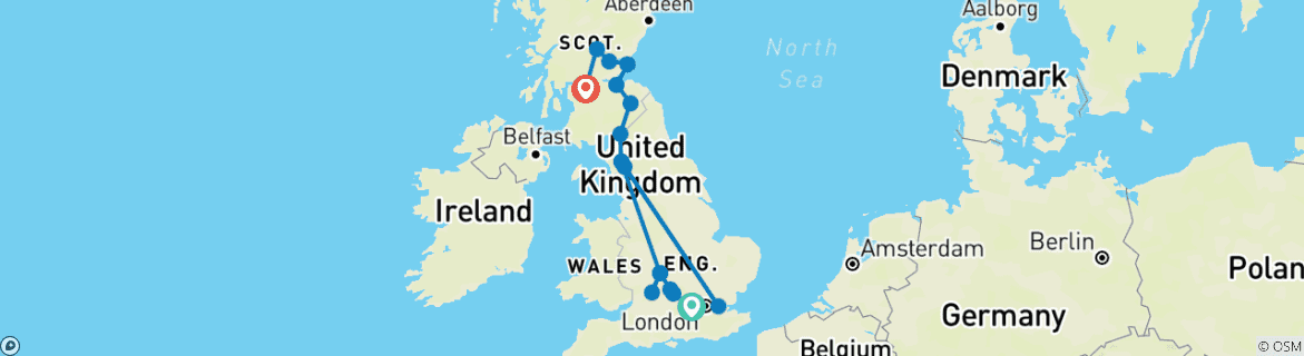 Image of a map showing the route of the tour