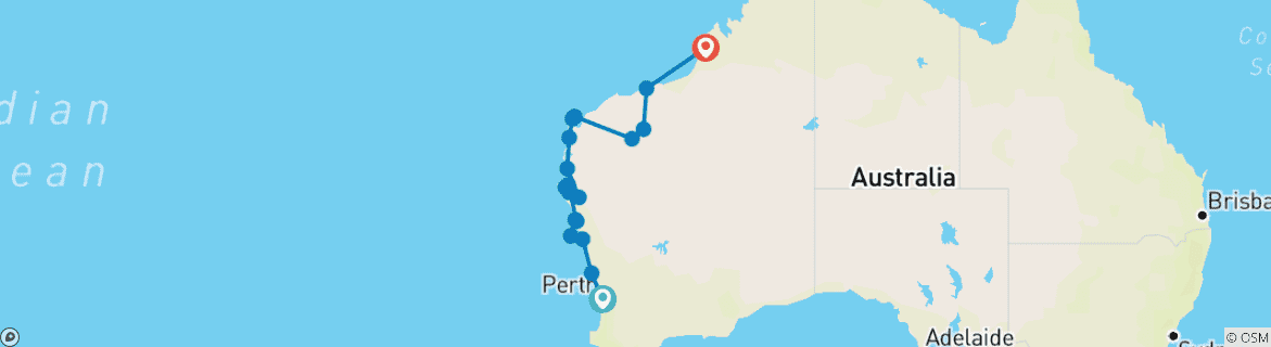 Map of Perth to Broome Wildflower Tour