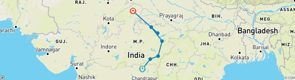 Image of a map showing the route of the tour