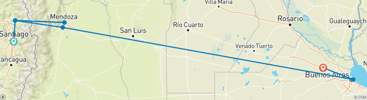 Map of Essential South America featuring Chile, the Mendoza Wine Region & Buenos Aires (Santiago to Buenos Aires)