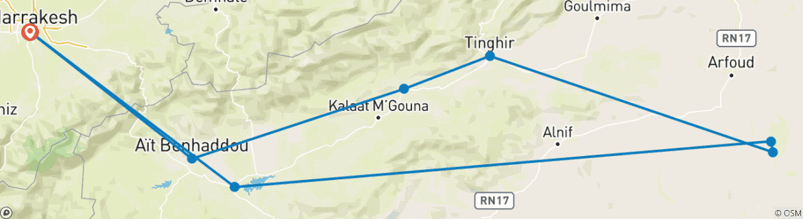 Carte du circuit Circuit privé de luxe Aventure dans le désert de 3 jours de Marrakech à Merzouga