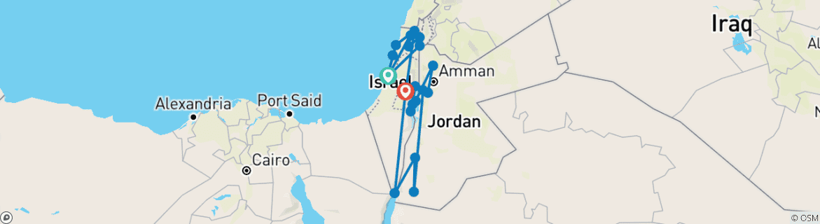 Kaart van 13 Daagse Christelijk Israël & Jordanië Rondreis Arrangement