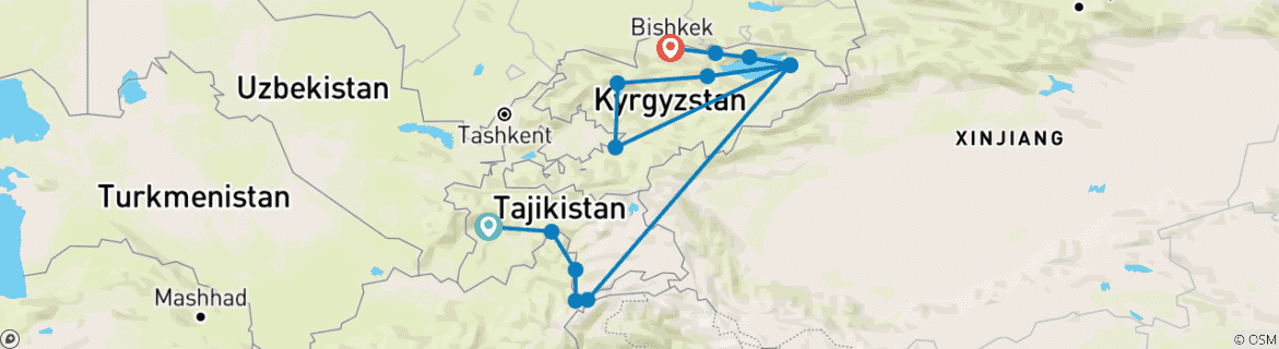 Map of Tajikistan - Kyrgyzstan Pamir Highway - Guided Private Tour