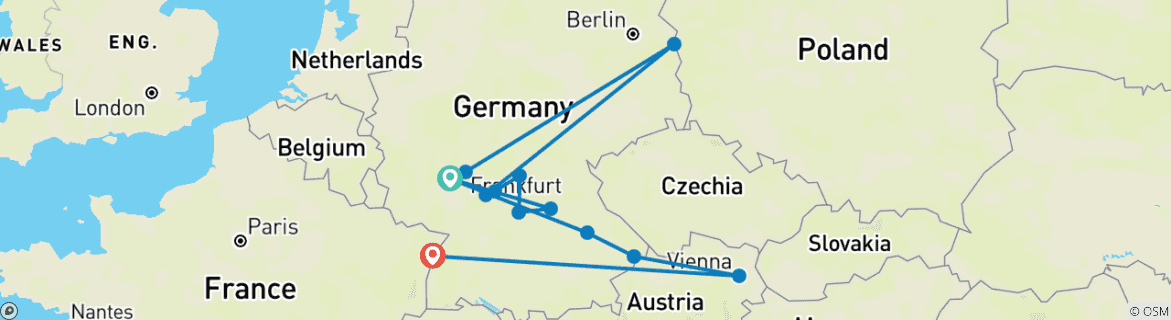 Map of Cruise through the Heart of Europe from the Rhine to the Danube (from Mainz to Strasbourg)