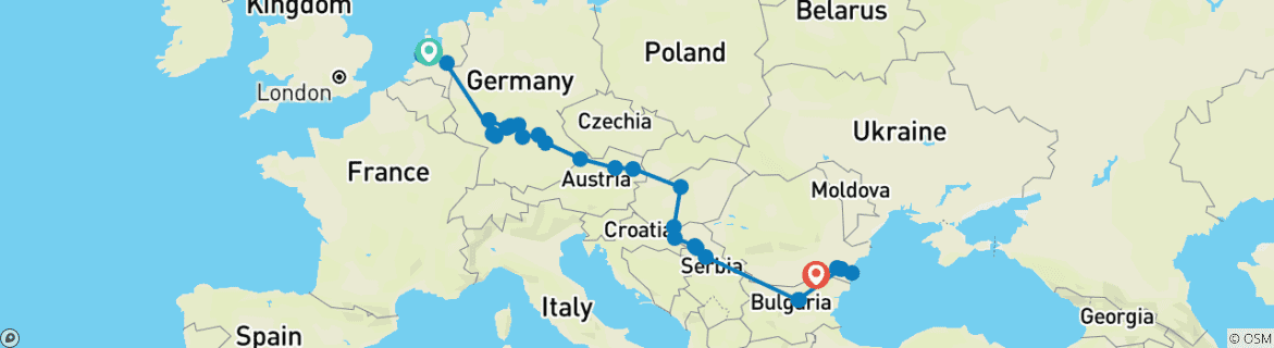 Carte du circuit D'Amsterdam aux Portes de Fer, vivez l'expérience d'une croisière fluviale européenne (croisière de port à port).