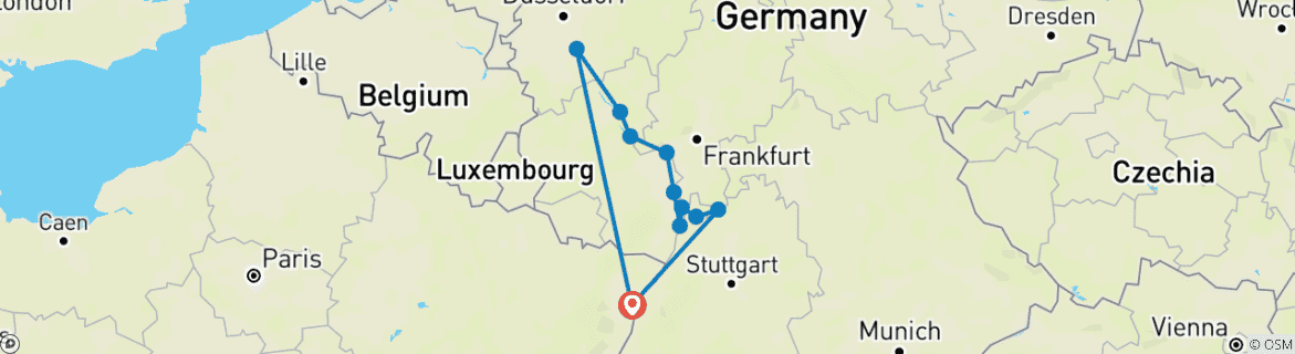 Map of One-of-a-Kind Cruise on the Rhine and Neckar Rivers (port-to-port cruise)