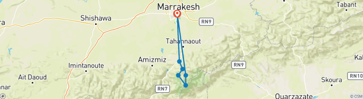 Image of a map showing the route of the tour