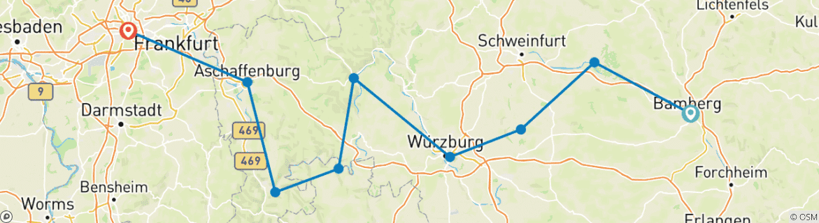 Map of Main river biketour | Bamberg to Frankfurt