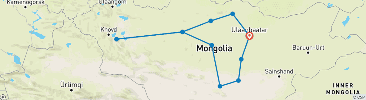 Map of Mongolia - The Comprehensive Route - Guided Private Tour