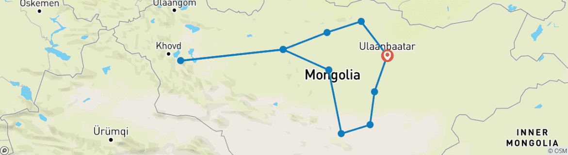 Image of a map showing the route of the tour