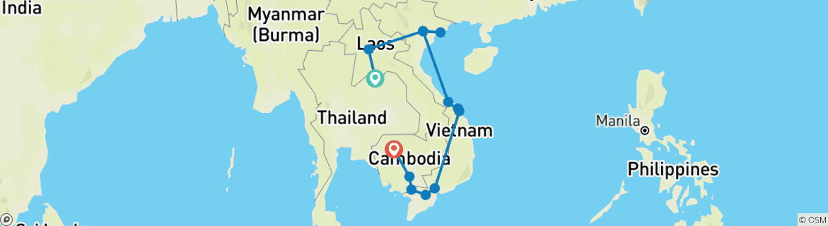 Karte von Laos - Kambodscha - Vietnam: Lächelndes Indochina - Geführte Privatreise