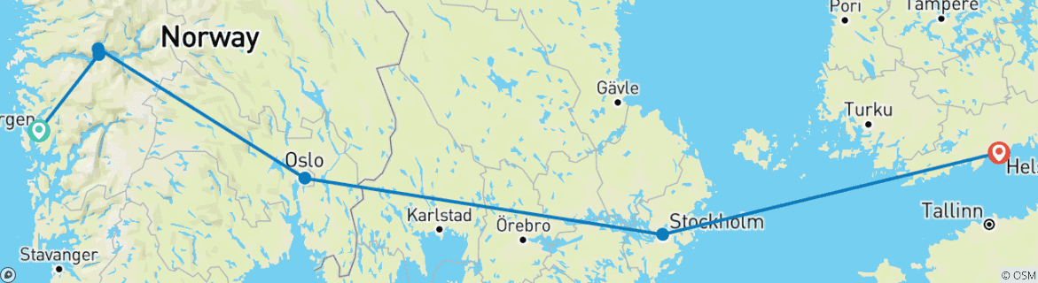 Carte du circuit 10 Tage Magie der Fjorde, Stockholm & Helsinki