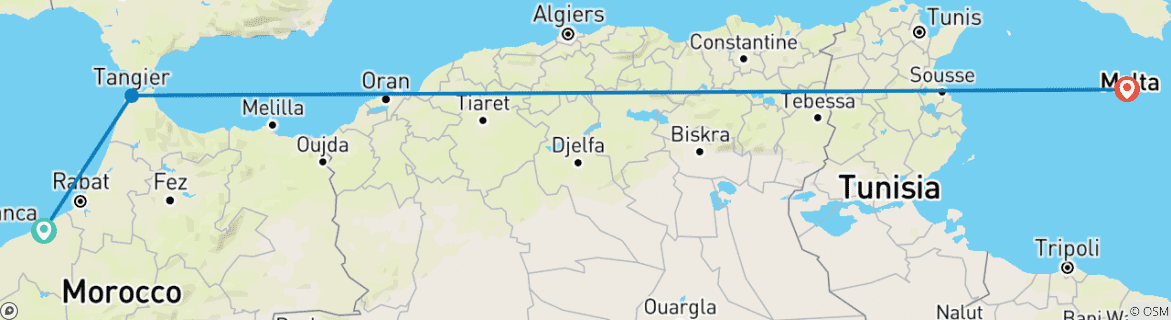 Image of a map showing the route of the tour