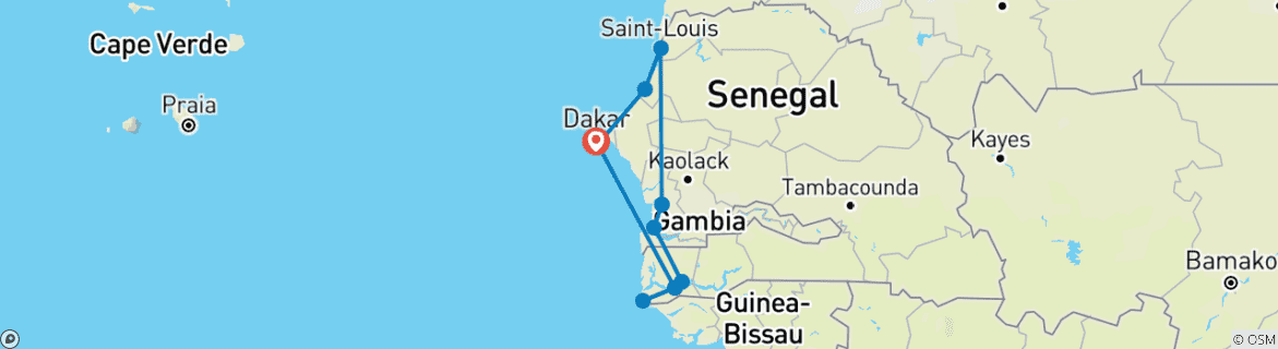 Mapa de Senegal y Gambia con Casamance - Circuito privado guiado