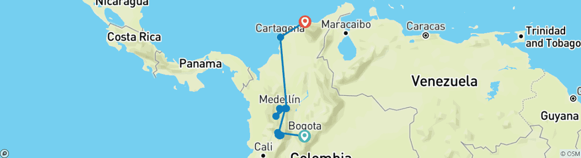 Mapa de Viaje de ida y vuelta a Colombia - Entre el Caribe y el Pacífico (incl. vuelo)