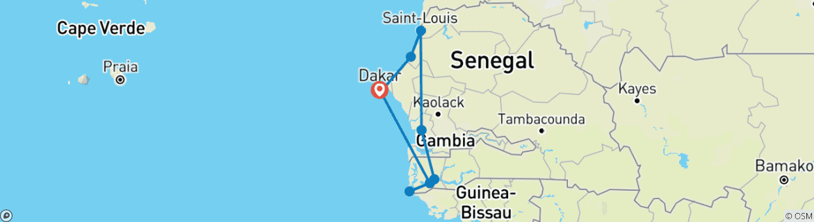 Image of a map showing the route of the tour