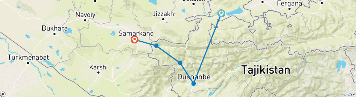 Image of a map showing the route of the tour
