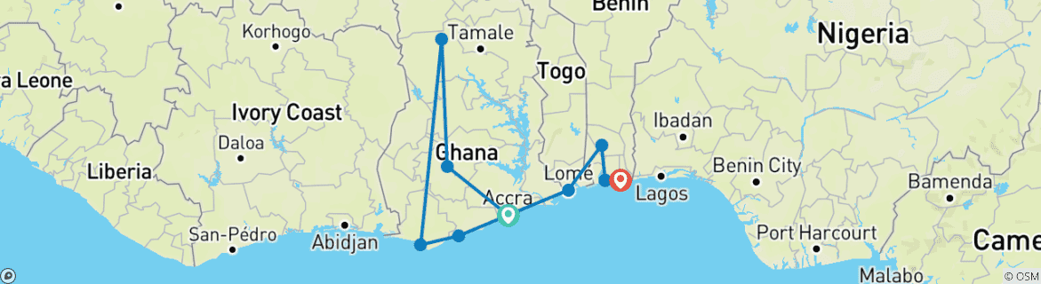 Mapa de Mega Festival Circuito de 21 días por Ghana, Togo y Benín.