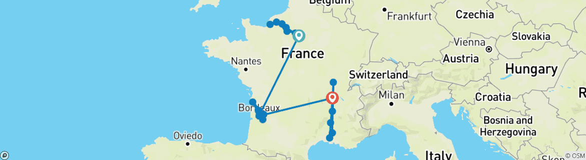 Map of Spectacular South of France , Beautiful Bordeaux & Gems of the Seine 2025 - 31 Days (from Paris to Lyon)