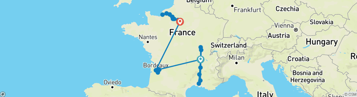 Map of Spectacular South of France , Beautiful Bordeaux & Gems of the Seine 2025 - 31 Days (from Lyon to Paris)