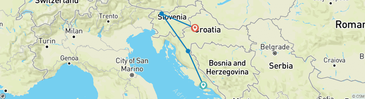 Map of CROATIA & SLOVENIA EXPRESS, SPLIT TO ZAGREB