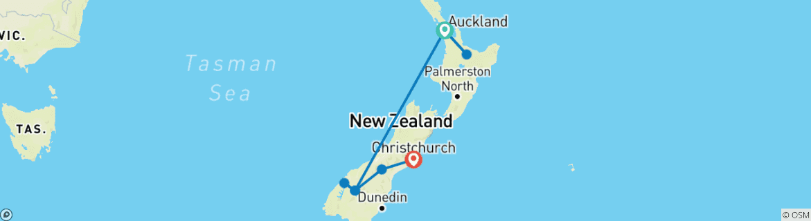 Carte du circuit Contraste de la Nouvelle-Zélande (avec vol intérieur, 2024/2025, 10 jours)