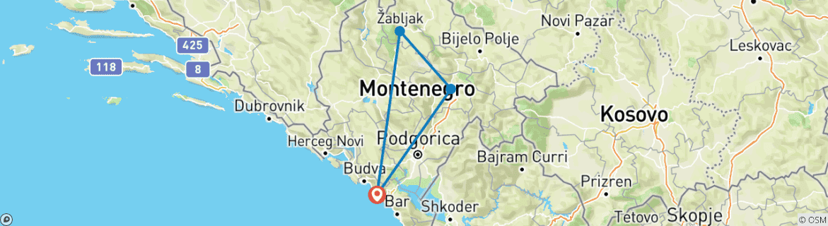 Map of Montenegro Coast and National Parks - Guided Private Tour