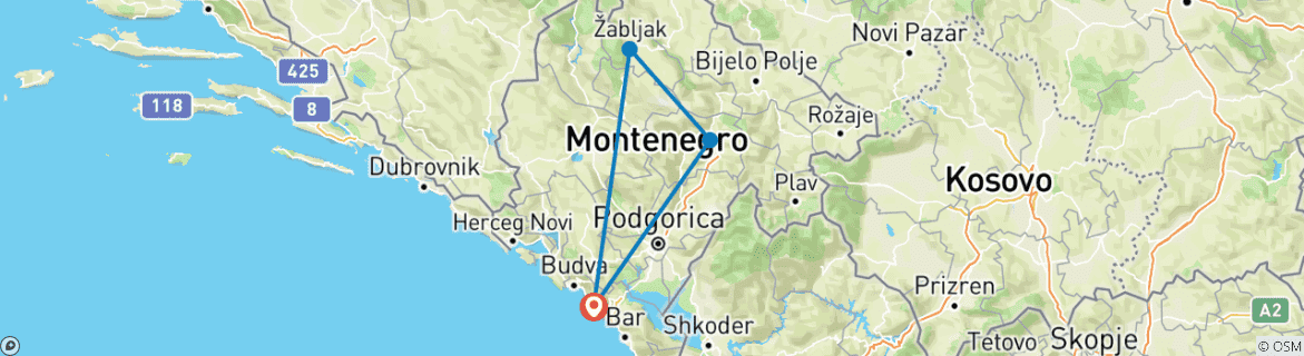 Image d'une carte montrant l'itinéraire du circuit