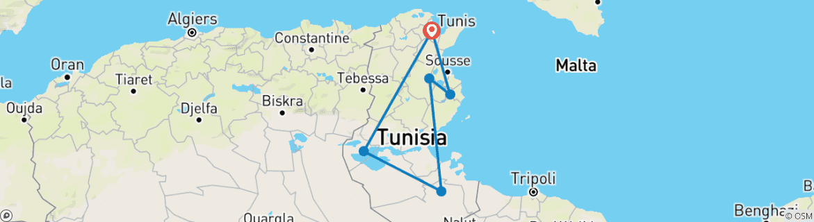 Carte du circuit Tunisie FEMMES SEULES Odyssée du désert à la mer : Explorer la diversité des paysages de la Tunisie