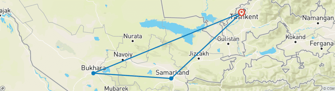 Carte du circuit 7 jours dans les trois capitales de l'Ouzbékistan : Tachkent, Samarkand, Boukhara - pour mini groupes privés