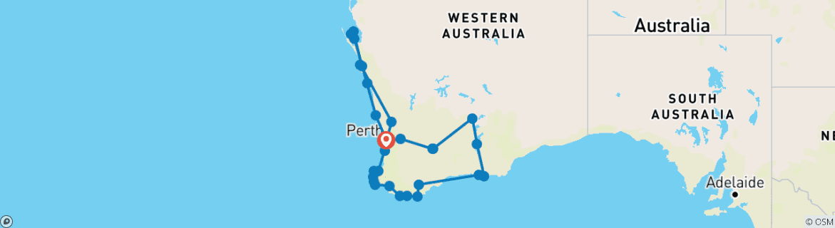 Map of South West Outback Tour: 13-Day Coast & Wilderness Adventure in Australia