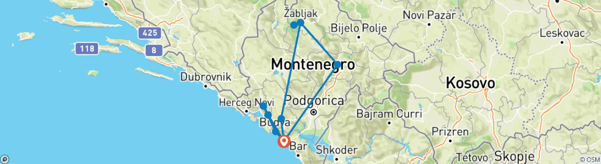 Map of Montenegro Coast and National Parks - Self - Drive Tour