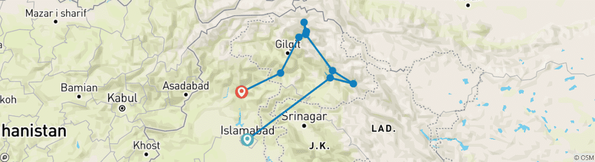 Image of a map showing the route of the tour