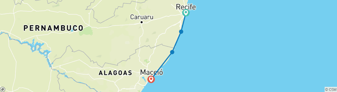 Carte du circuit Brésil - Sable, mer et soleil - Recife, Porto de Galinhas, Maragogi, Maceio - 9 jours