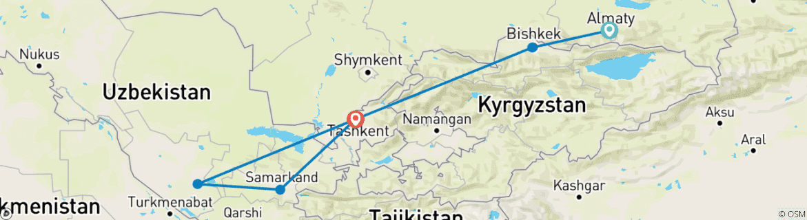 Kaart van Rondreis langs 3 delen van Centraal-Azië 12 Dagen: Kazachstan, Kirgizië en Oezbekistan