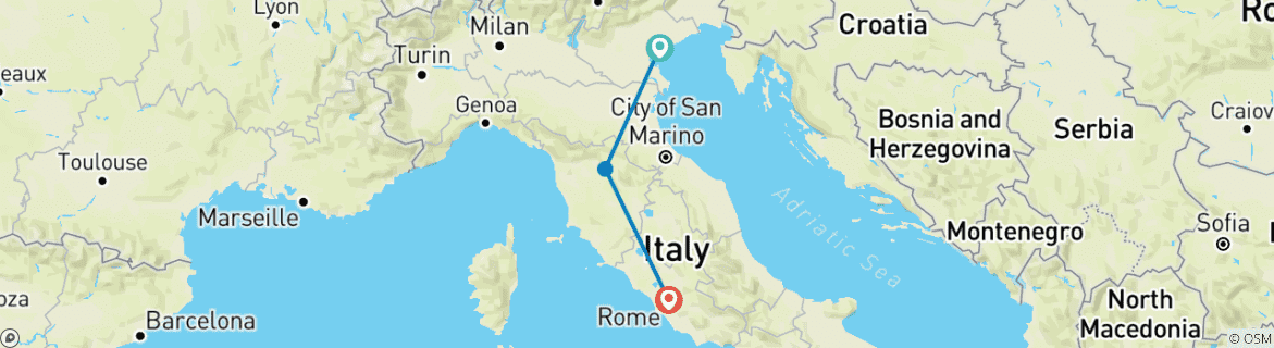 Map of 9-day Venice, Florence and Rome Small Group Tour from Venice