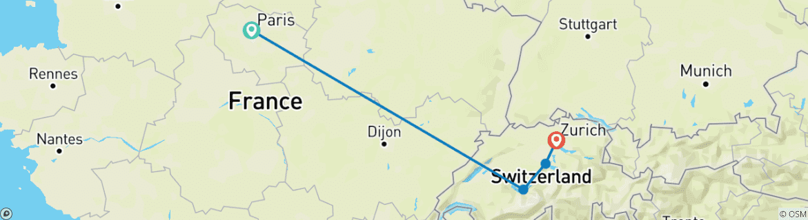 Carte du circuit France et Suisse en 8 jours (Paris, Interlaken, Lucerne et Zurich)